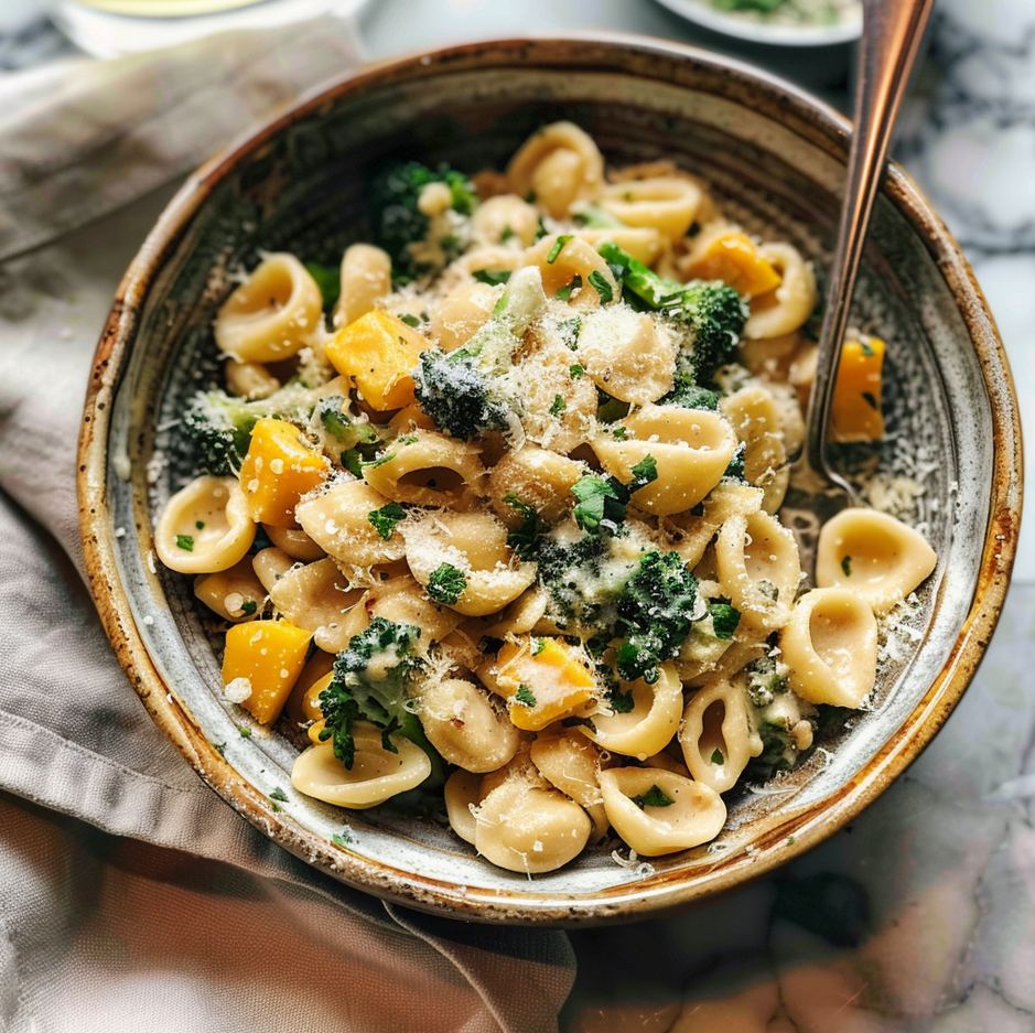 Creamy Parmesan Orecchiette with Butternut Squash and Broccolini